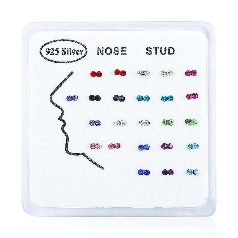 

24pcs/set 22G 925 Sterling Silver Nose Rings Studs for Women Men Simple design Czech colorful crystal Piercing Body Jewelry new