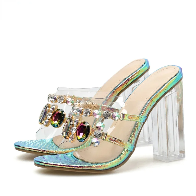 Women Sparkly Colorful Crystals Slippers Rhinestone Open Toe High Heels Female Crystal Transparent Heels images - 6