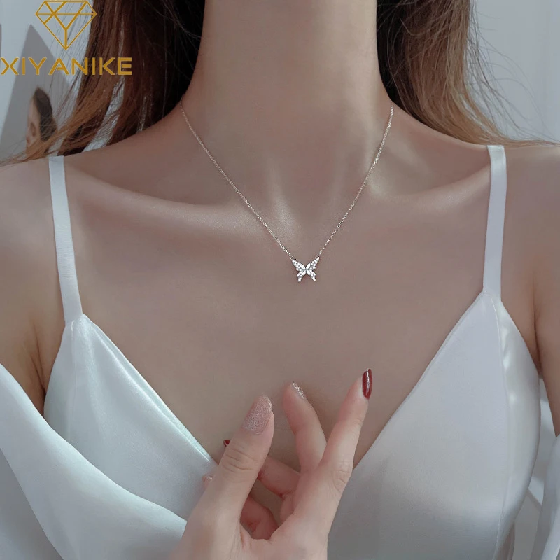 

XIYANIKE Silver Color Sweet Clavicle Chain Crystal Butterfly Pendant Necklace For Women Exquisite Jewelry Anniversary