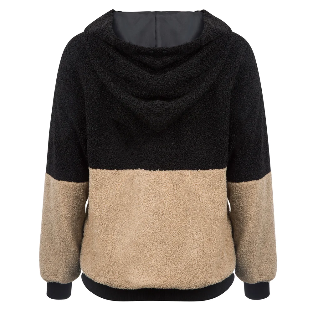 Женское пальто из флиса с капюшоном контрастного цвета зимнее теплое верхняя