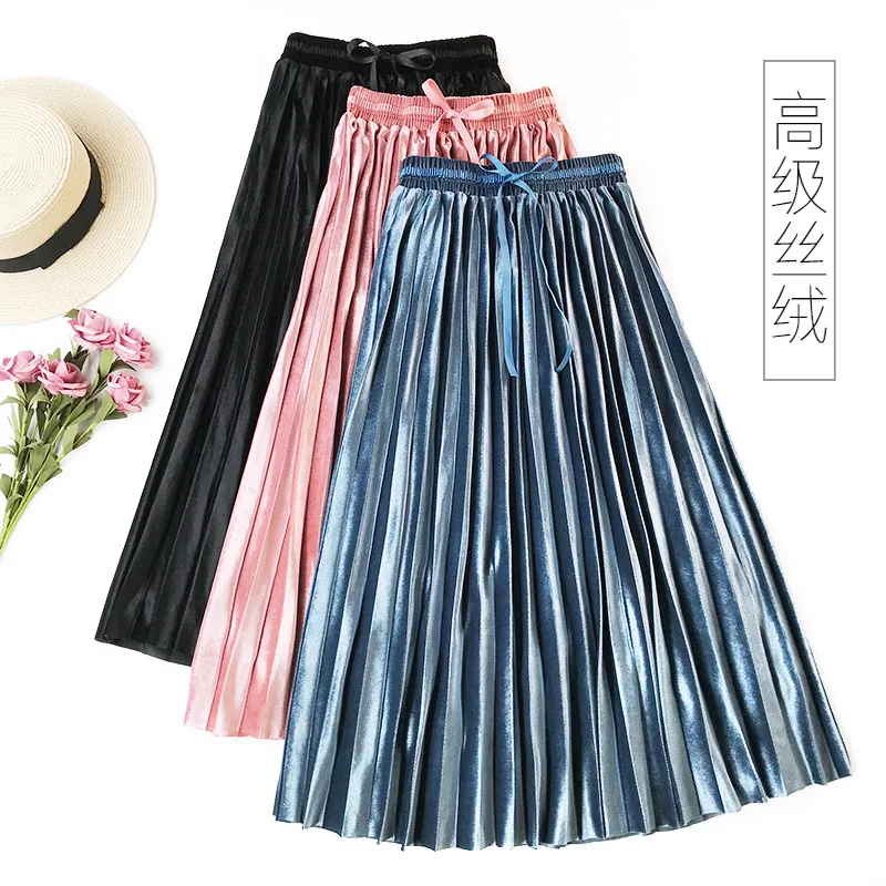 Женская бархатная юбка золотистого цвета плиссированная осенняя и зимняя