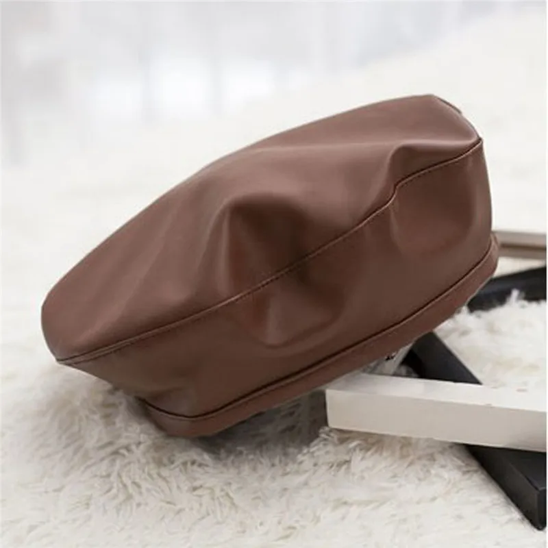 Модные черные вёдра женские шапки из искусственной кожи береты одноцветные