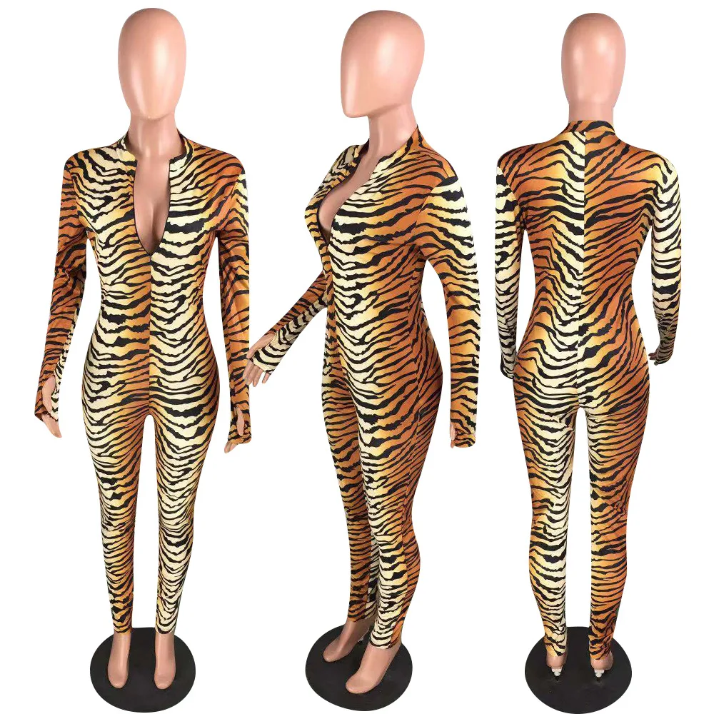 

Ropa Elegante Mujer Fashion Long Sleeve Zipper Jumpsuit for Womens Tiger Pattern Slim Fit Bodysuits Plus Size Sexy Club Clothing