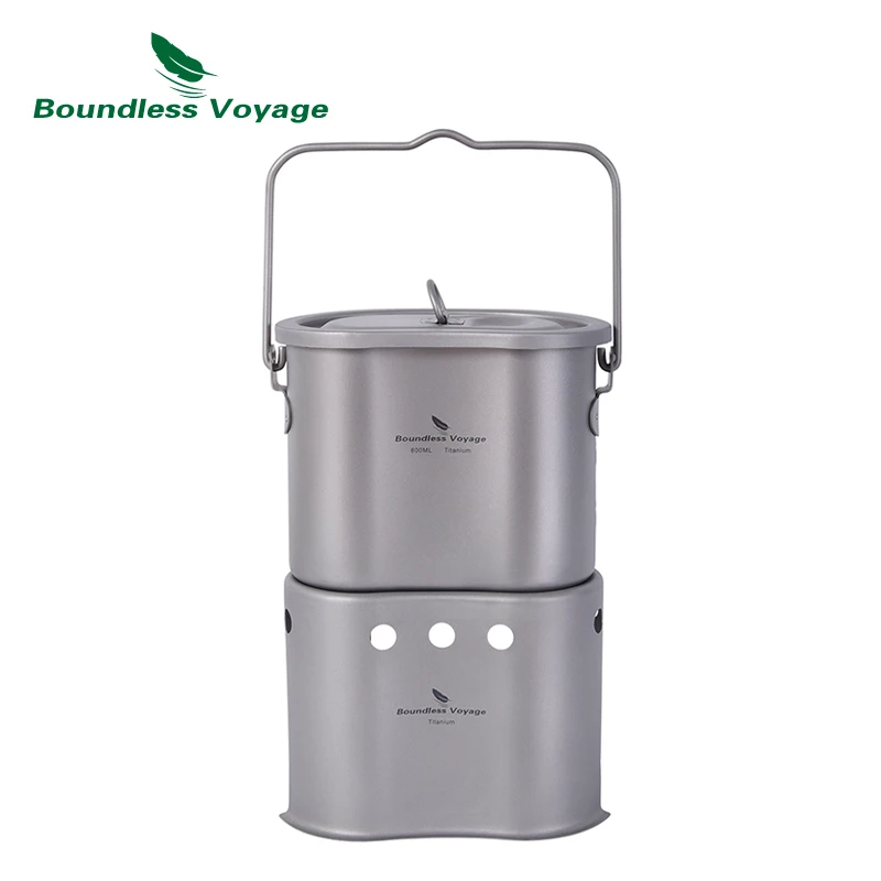 Boundless Voyage Upgrade Camping Titanium Pot Wood Stove Set with Folding Handle Hanging Ring Outdoor 2 in 1 Canteen Cup Oven