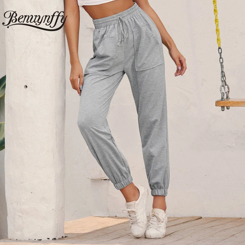

Benuynffy Pockets Grey Drawstring Waist Sweatpants Women Autumn Streetwear Casual Korean High Waist Ladies Knitted Sports Pants