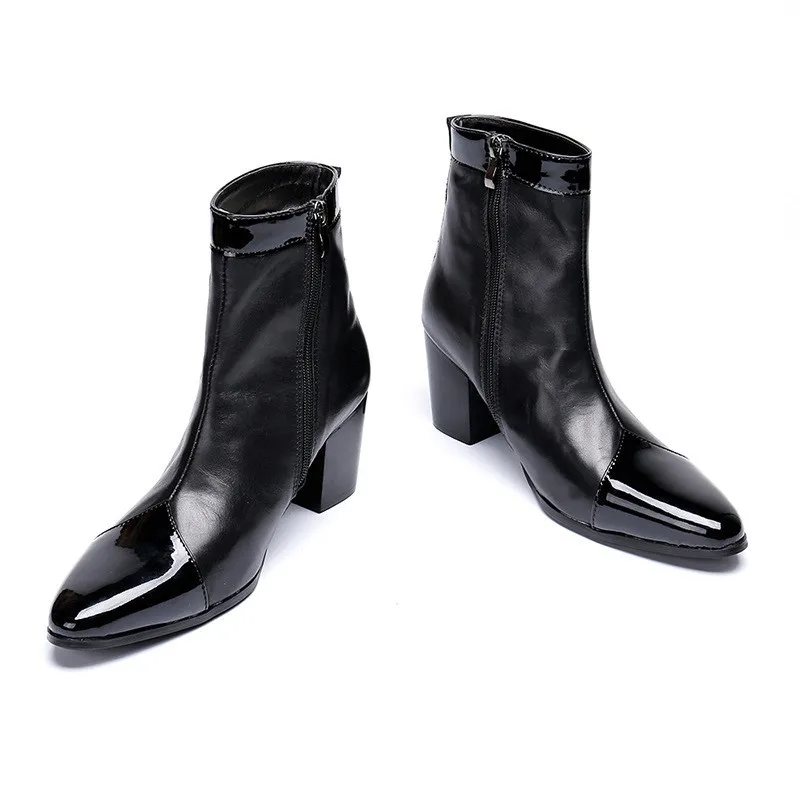 

Fashion Mens High Heel Boots Genuine Leather Men Zipper Ankle Boots Brand Luxury Black Spliced Patent Leather Male Work Shoes