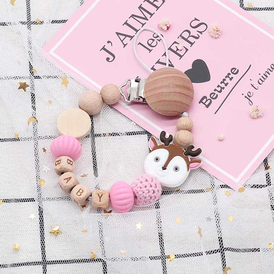 Personalize Name Baby Pacifier Clips Deer Head Soother Chain Infant Dummy Clips Baby Silicone Pacifier Holder Chain BPA Free