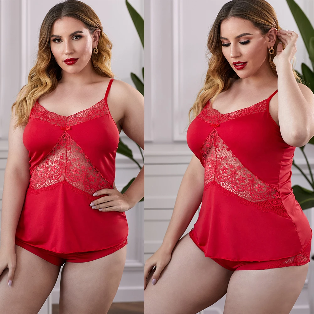

CyiExi Women's Plus Size Lace Splicing Sexy Pajamas Set Camisole and Shorts 2 Pieces Sets Female Sleep Wear Night Loungewear 5xl
