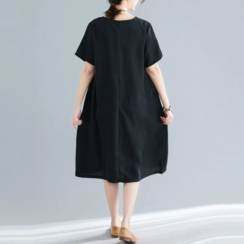 

2020 New Summer Middle Aaged Women Cotton Short Sleeve Causal Midi Dress Female Loose Fashion Mother Dresses Vestitos W191