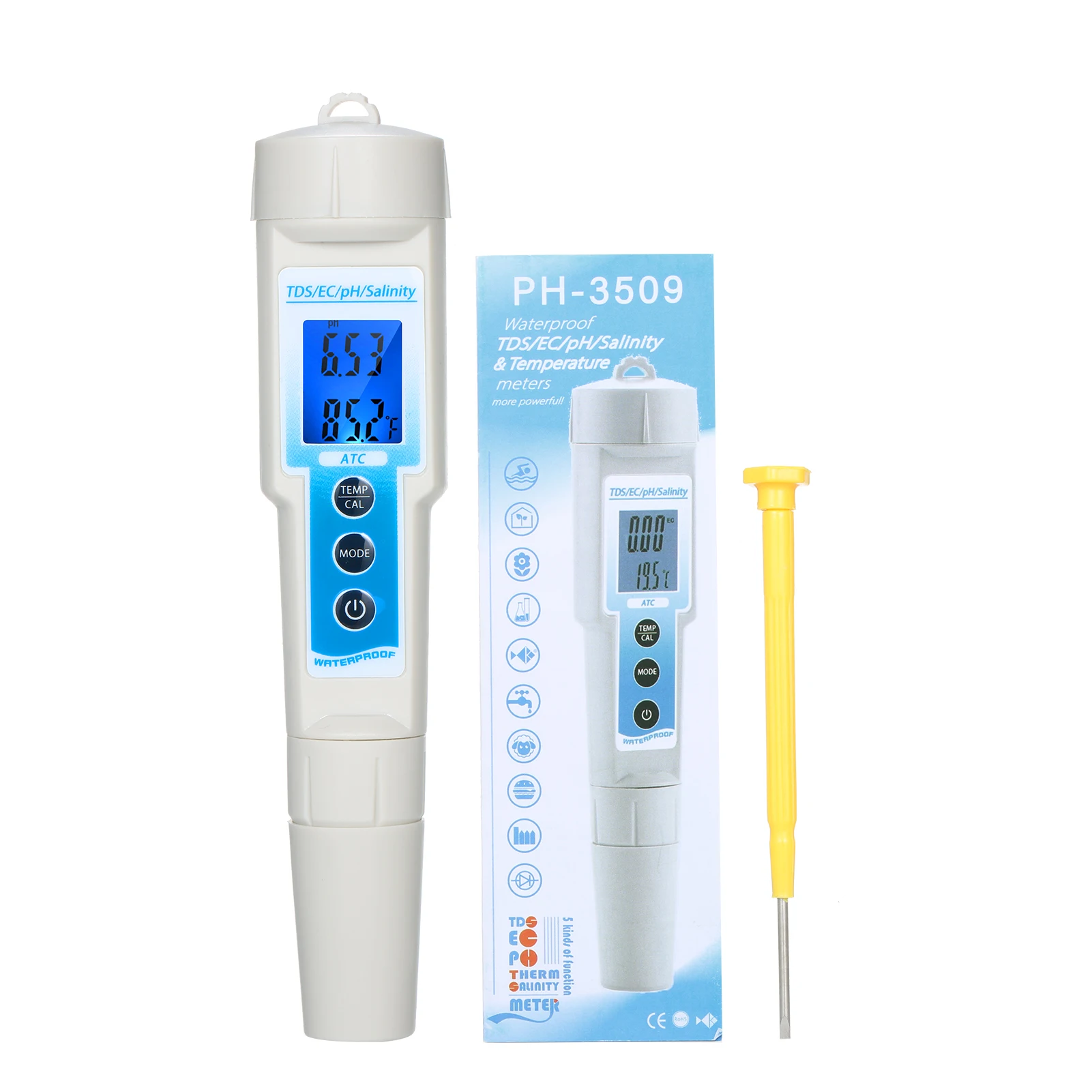 

5-в-1 прибор для измерения уровня pH измерительный прибор TDS/EC устройство контроля pН/соли/Температура метр тестер качества воды синий Подсвет...