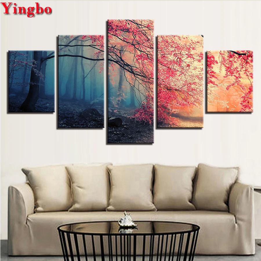 5 шт. Алмазная вышивка Сакура Дерево пейзаж Картина Вышивка крестиком полный