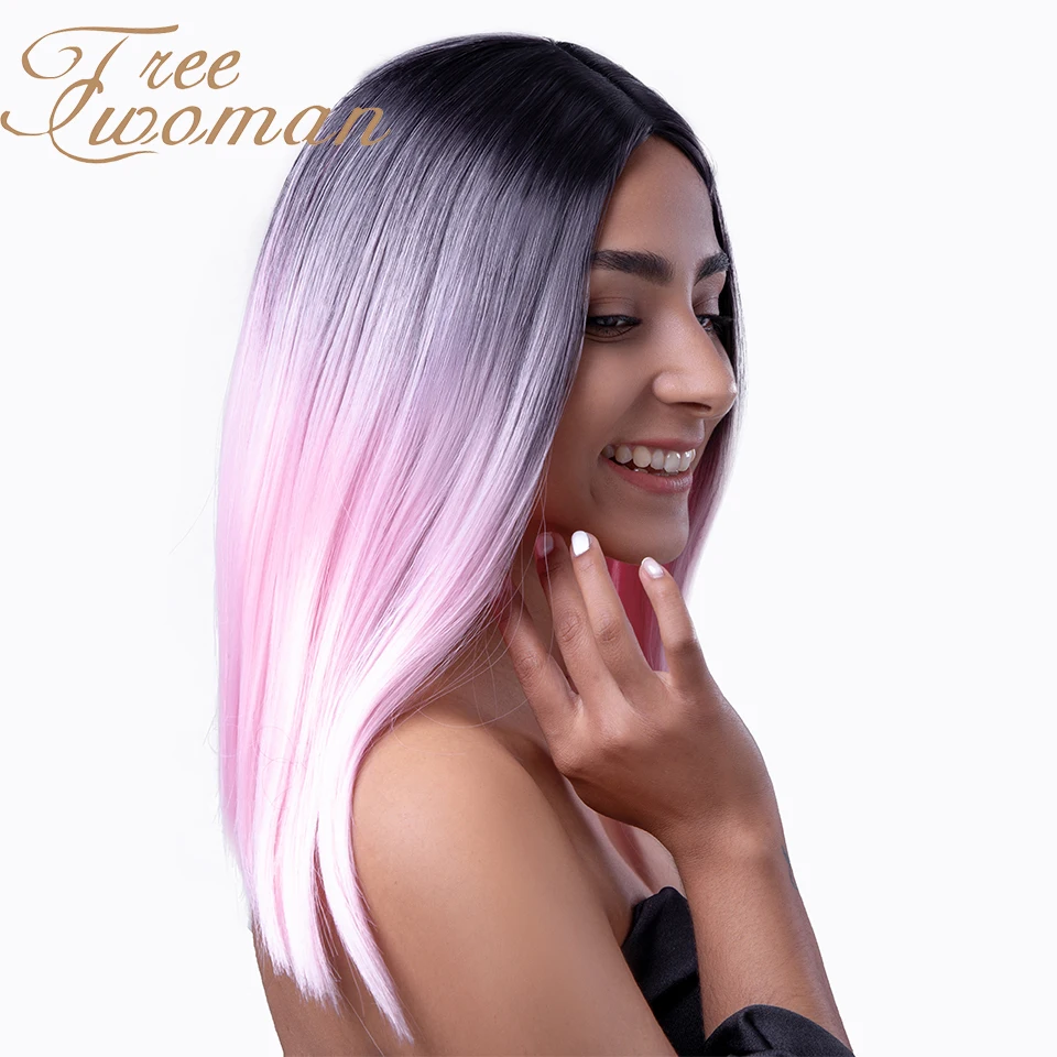 Свободный женский розовый прямой синтетический парик с темно корнями фиолетовый