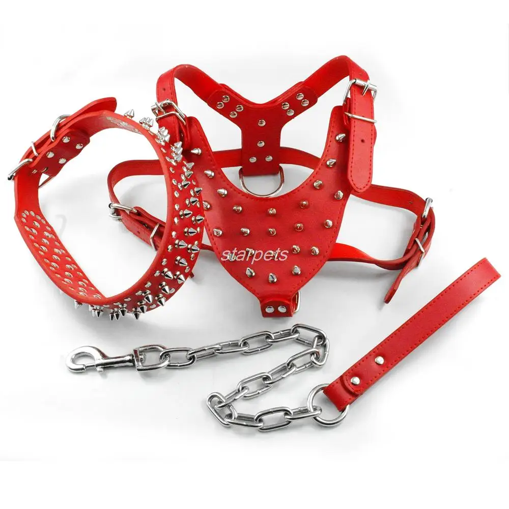 Комплект из шлейки и ошейника поводка для собак серебристо-Красная кожаная