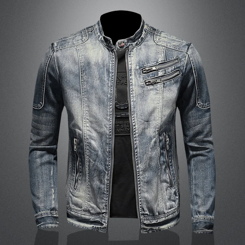 

2021 New Hot Style Denim Jacket for Men Spring Autumn Zippers Solid Color Denim Coat Hige Quality Mens Motorcycle Denim Jacket