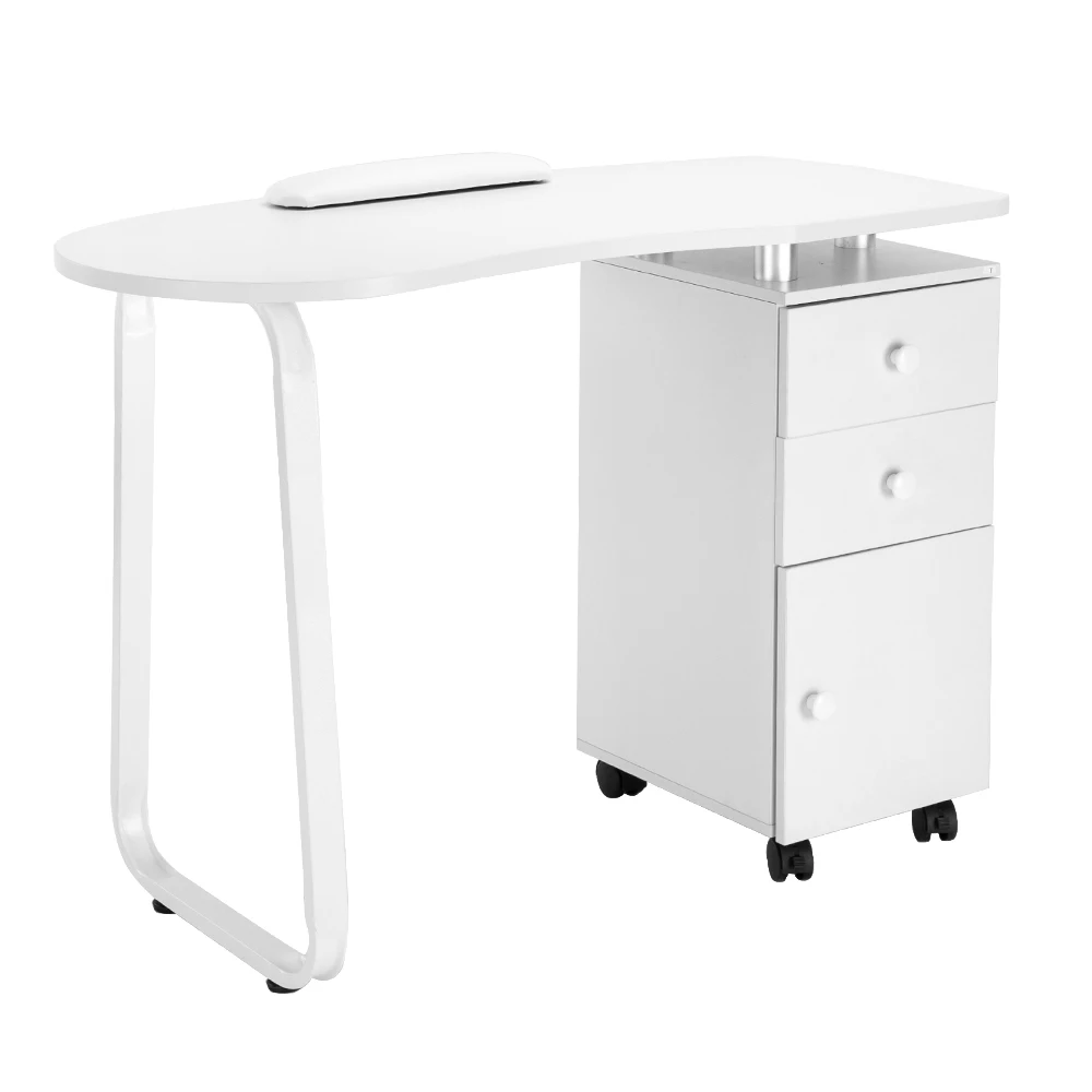 

Manicure Nail Salon Table Station Workstation Unilateral Square 2 Drawers 1 Door Ceramic Handle Hand Pillow with Wheels White