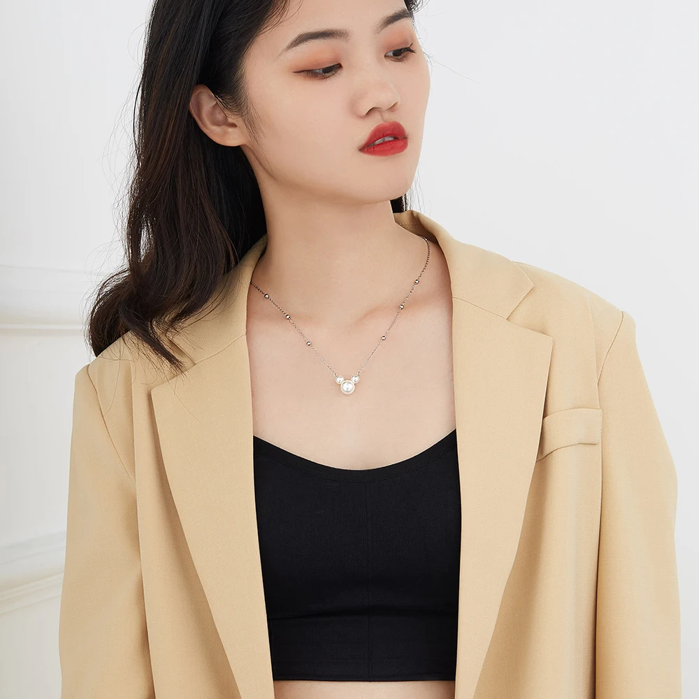 

LEKANI 100% 925 Sterling Silver Shell Pearl Necklace Female Romantic Style Anniversary Cartoon Mouse Chain Necklaces On Sale