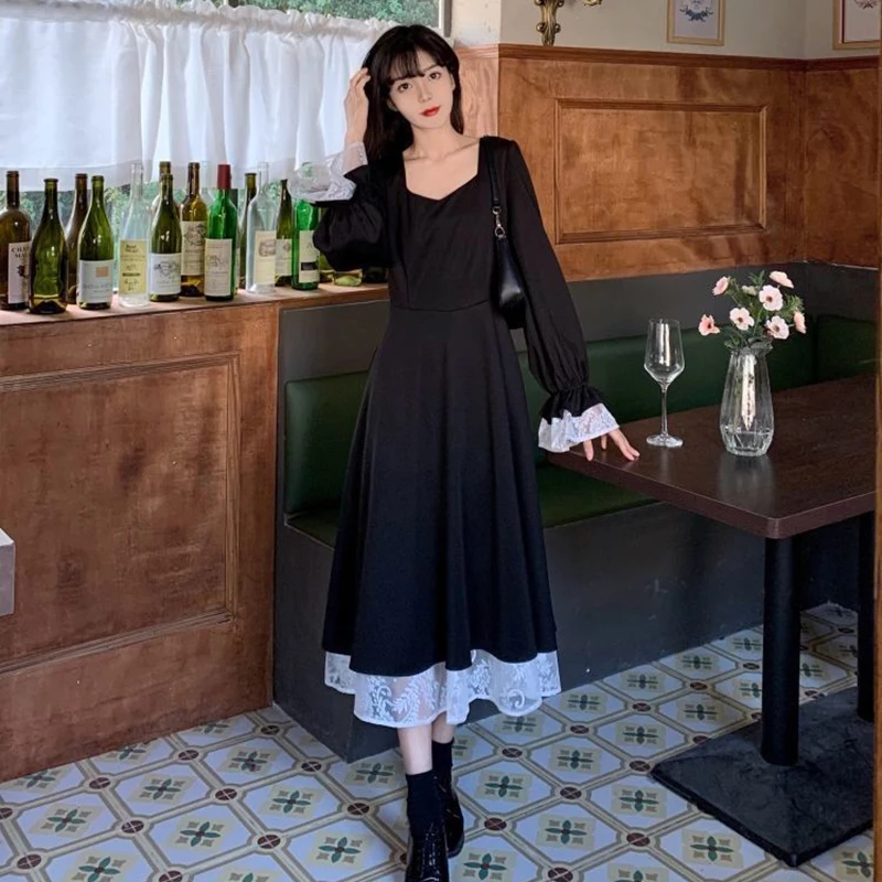 

Vintage Goth Black Dress Women Long Dress Back Bandage Puff Sleeve Lace Stitch Party Dresses Ladies Casual