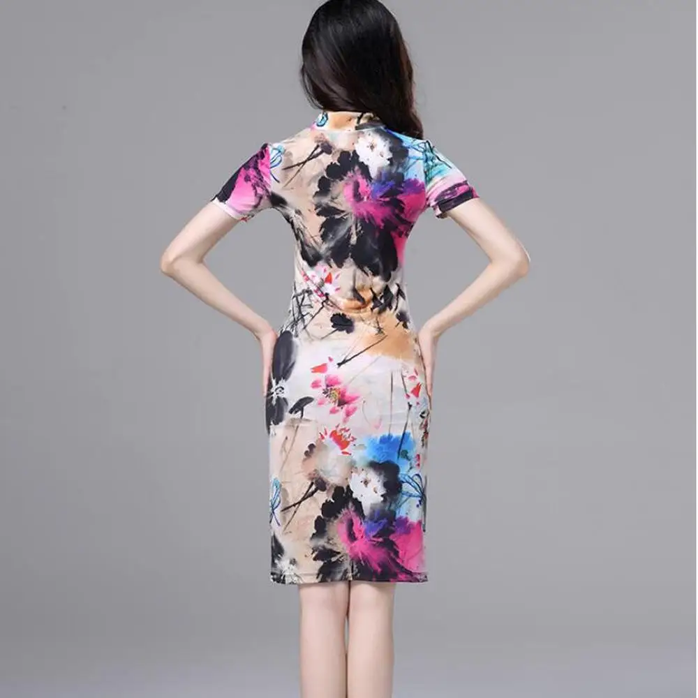 

Retro Printing Stitching Classical Stand Collar Buckle Cheongsam Dress Ladies Dance Practice Show Costumes
