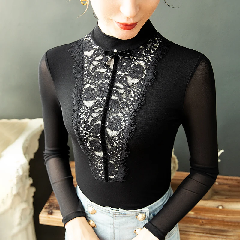 

French Patched Lace T Shirts Tops Fall Winter 2021 New Bottoming Mesh Tshirt Stretchable Turtleneck Base Tees For Female