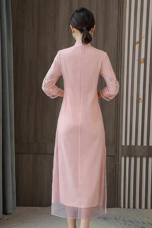 

COIGARSAM 4XL Plus Size Chinese Style Women dress New Spring Summer Cheongsam Vintage Dresses Pink Green 6857