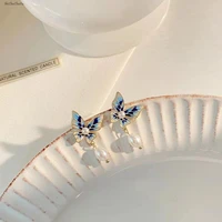 french retro butterfly pearl earrings elegant sweet blue gradient ear clip hypoallergenic ladies party jewelry 925 silver needle