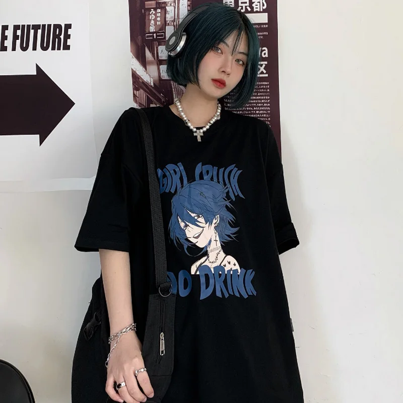

Aolamegs Men's T-Shirts Anime Girl Print Oversized T-shirt Couple Harajuku Short Sleeve Tee Shirt Summer High Street Streetwear