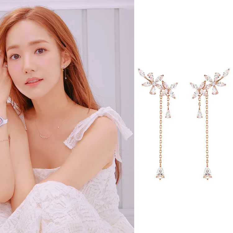 

New Fashion Women Korean TV Star Cute Zircon Flower Drop Earrings Elegant Water Drop Long Line Pendientes Jewelry Girl Gifts