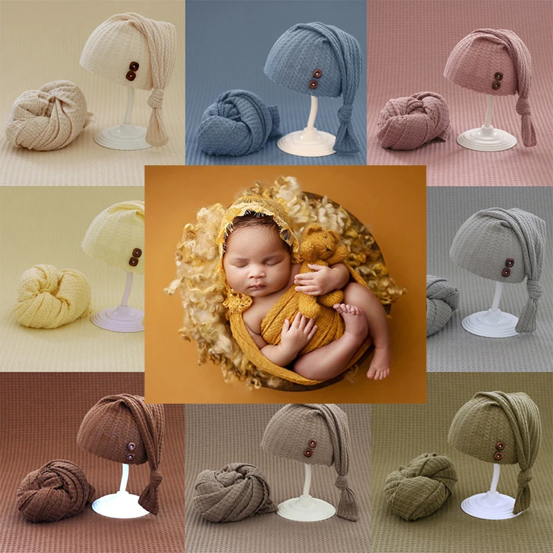Newborn Photography Clothes Stretch Wrap Long Tail Hat 2 pcs Sets Unisex Baby Photo Clothing Swaddle Soft Elastic 40*150cm