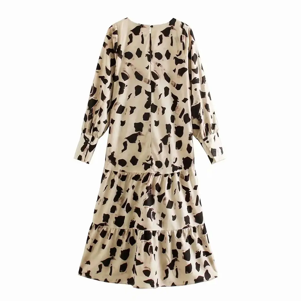 Женское винтажное платье рубашка с круглым вырезом длинным рукавом и принтом