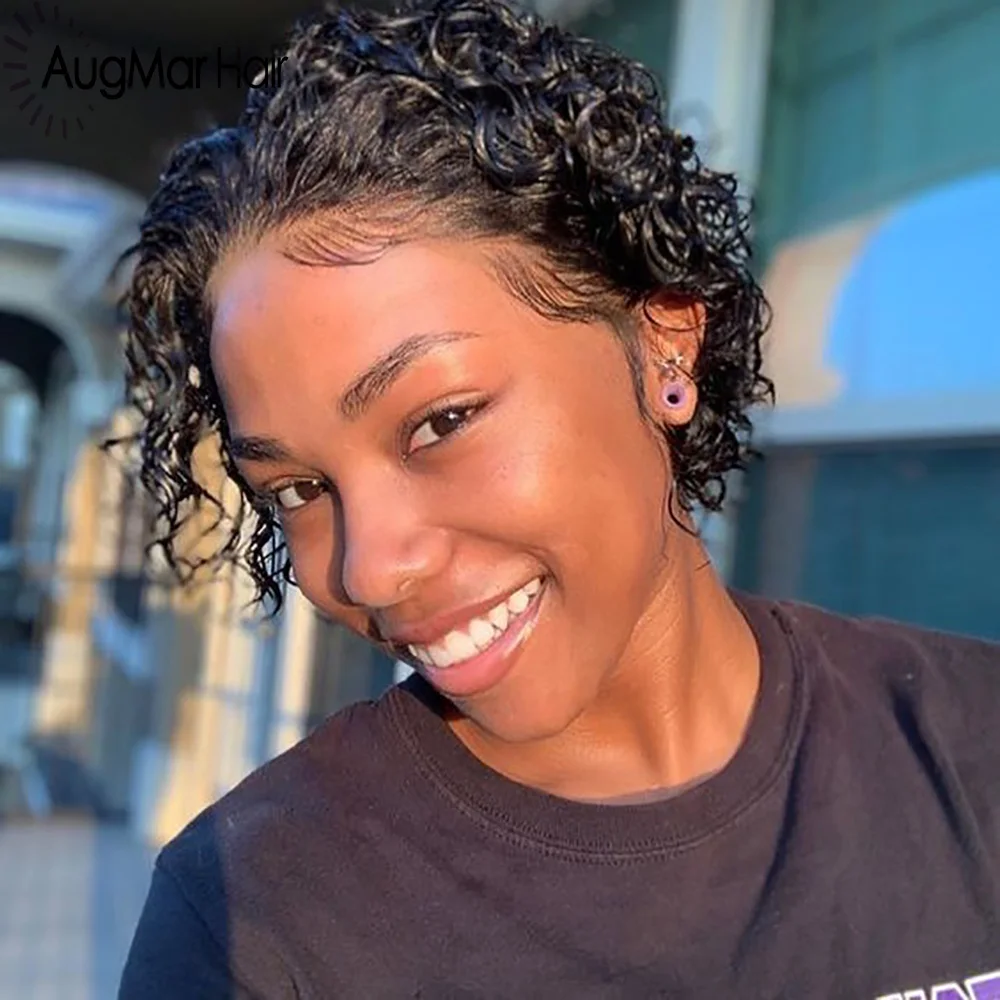 

Pixie Cut Lace Front 150% Wigs Wavy Short Bob Remy Hair 150% Glueless Curly Human Hair Wig Pre Plucked Hairline Bleached Knot