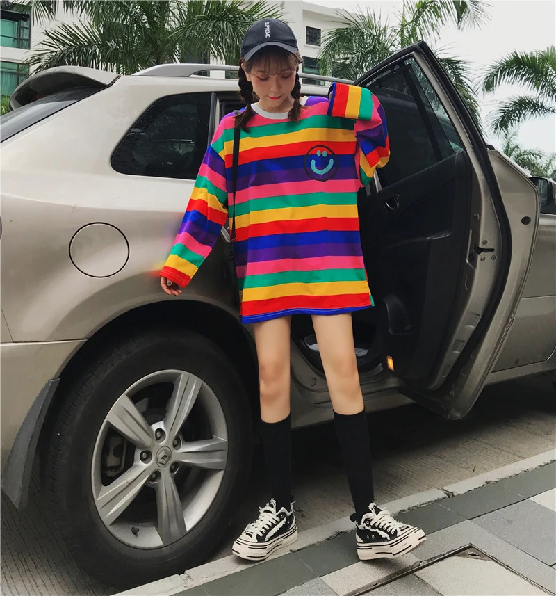

Siddons 2020 New Autumn Mid Long Rainbow Stripe Women's T-Shirt Smiling Face Cute Pullover Long Sleeve Tops