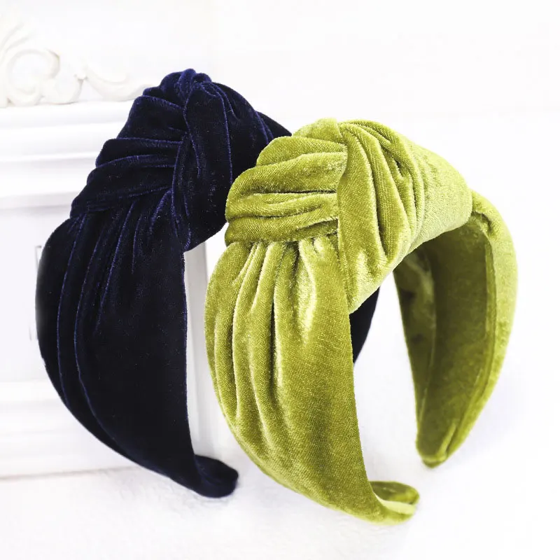 

New Vintage Hair Accessories Women Head Hoop Wide Hair Hoop Cross Knotted Headband Solid Color Hairband Soft Gold Velvet 1PC