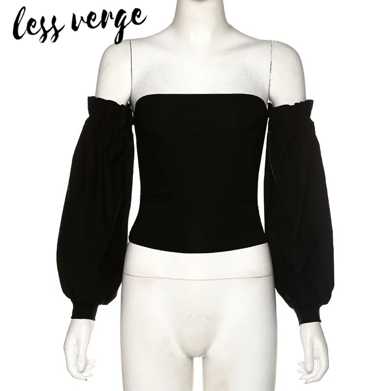 Женская блузка с открытыми плечами Lessverge черная рюшами и рукавом-фонариком