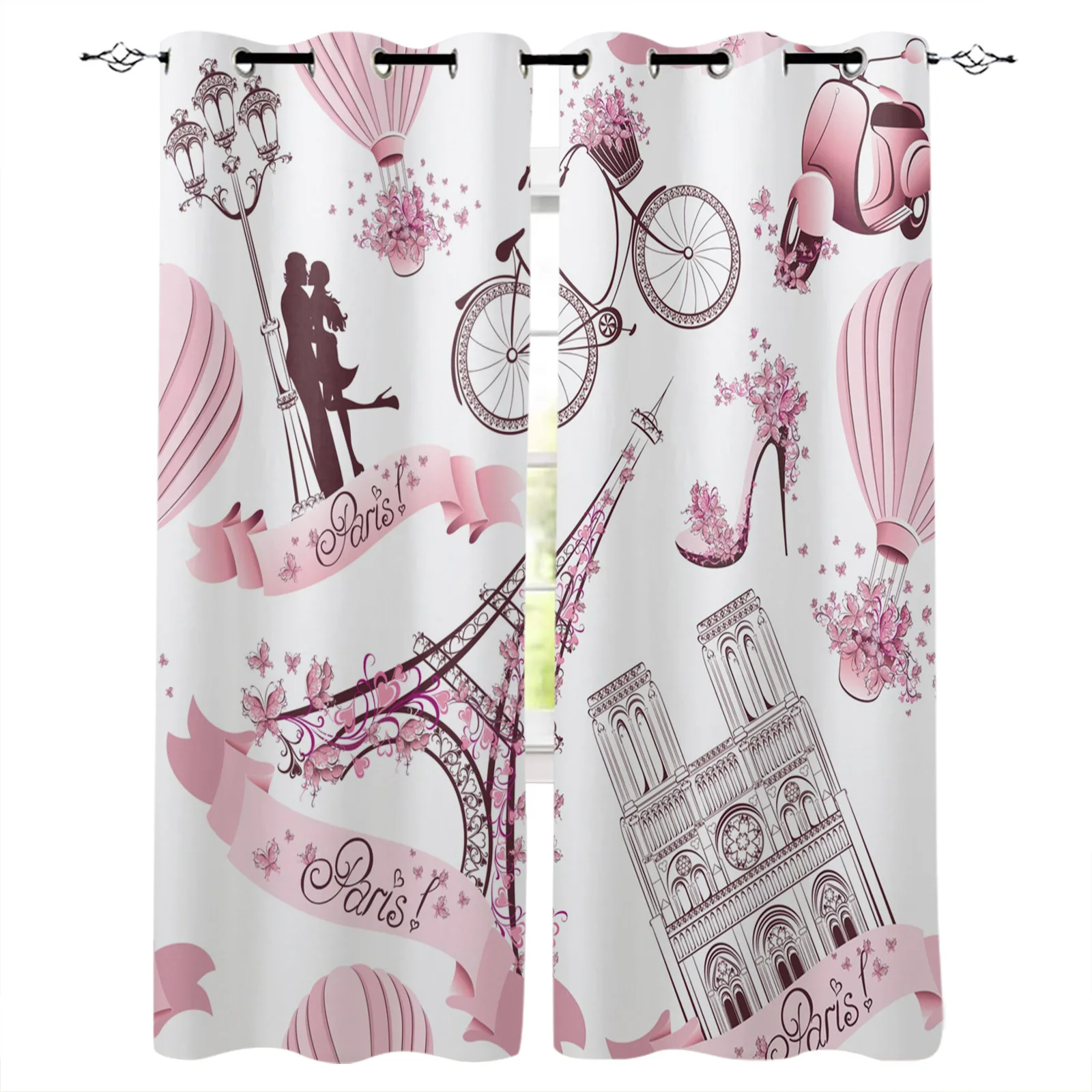 Pink Eiffel Tower High Heels Flower Hot Air Balloon Bicycle Blackout Curtains Girl Bedroom Kids Curtains For Living Room Decor
