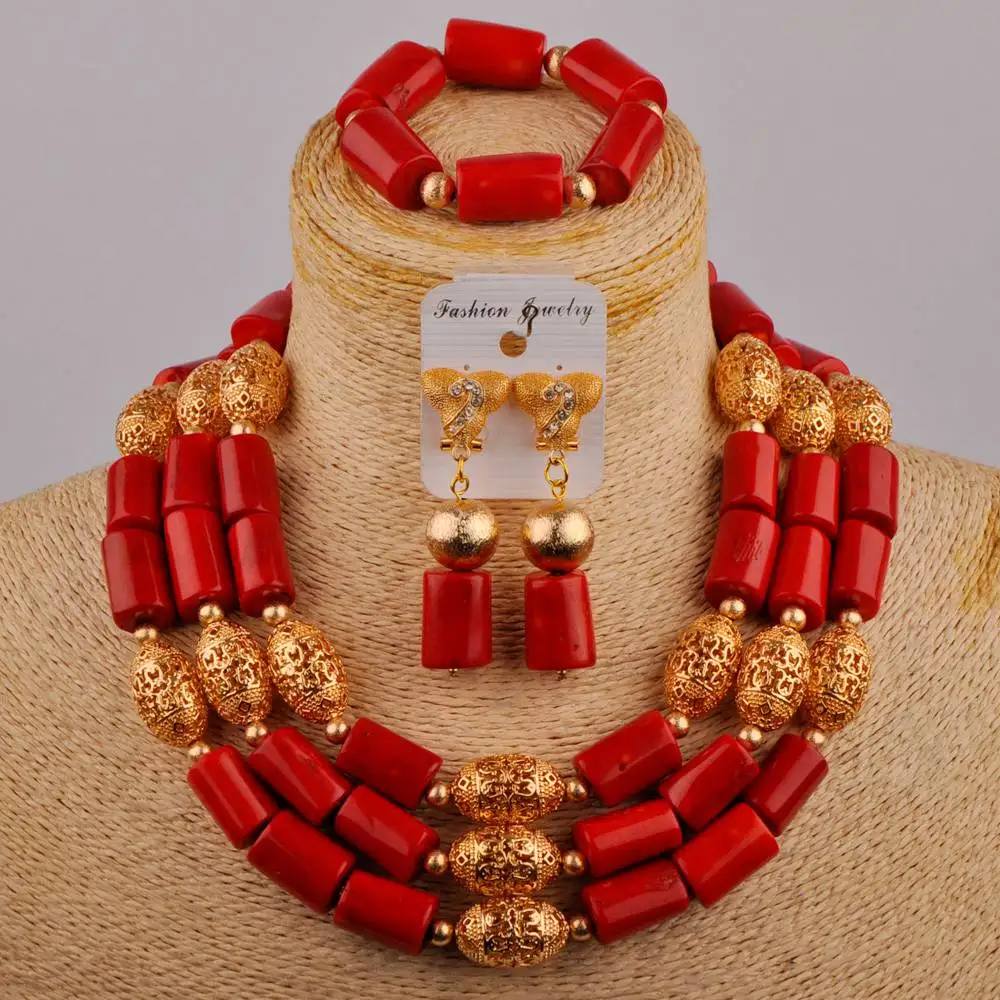 Красный коралловый бисер Африканский комплект ювелирных изделий нигерийское