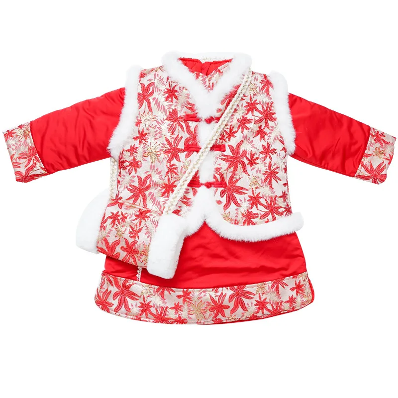 

2021 New Year Wear Vestidos Winter 2-5Y Girls Kids Princess Tang Cheongsam Qipao Dress Embroidery Cotton-Pad Children Baby Red
