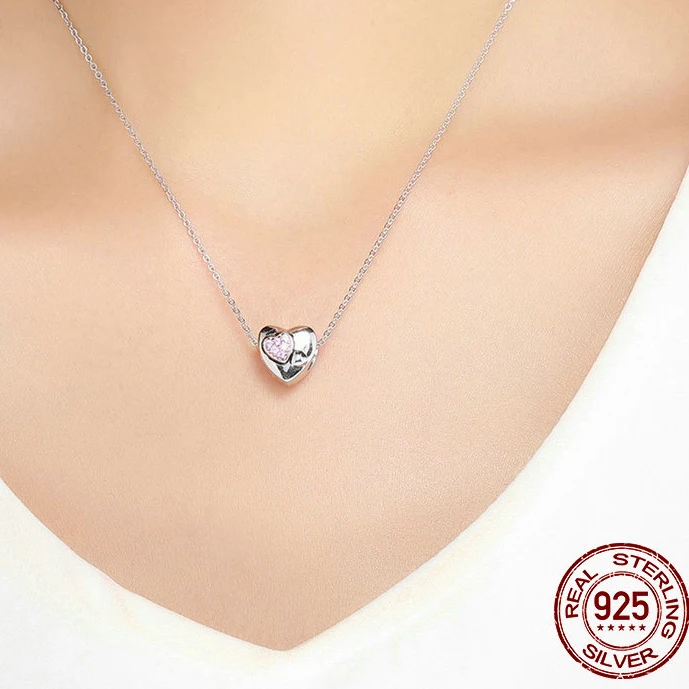

925 Sterling Silver Heart to Heart Pink CZ Crystal Beads fit Women Charm Bracelets DIY Jewelry Girlfriend Gifts