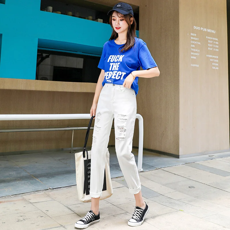 Черные рваные джинсы для женщин джинсовые брюки большого размера женские