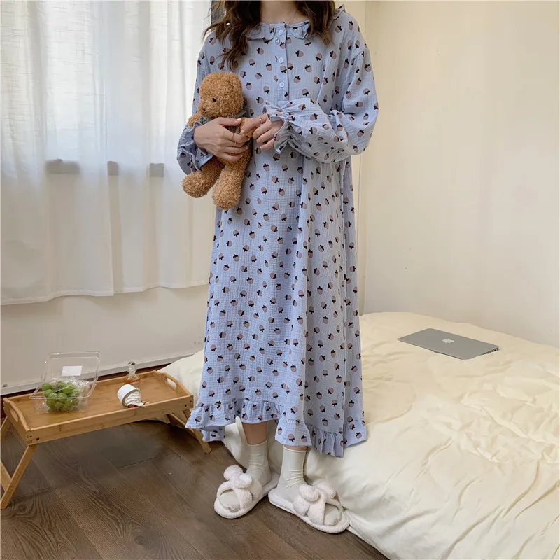 

korean night dress loose cotton linen cartoon long sleeve nightgown sleepwear dress outwear autumn winter breathable gauze L386