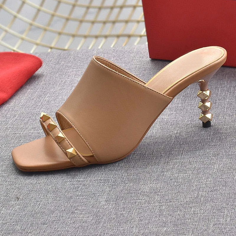 

Summer Genuine Leather Open Toe Rivet Decoration All-Match Stiletto High Heel Sandals Luxury Branded One Strap Women's Slippers