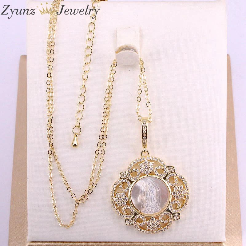 4PCS, Flower Pendant Charm Golden Micro Paved CZ Jesus Mothr Of Pearl Jewelry Crystal Necklace