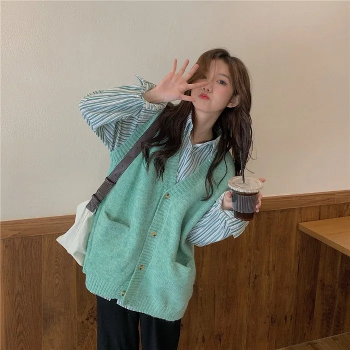Зеленый вязаный кардиган верхнее пальто Женский Осенний складной жилет без