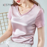 satin blouses women 2022 summer loose shirts short sleeve ladies acetic cotton patchwork shirts solid femme blusas clothings