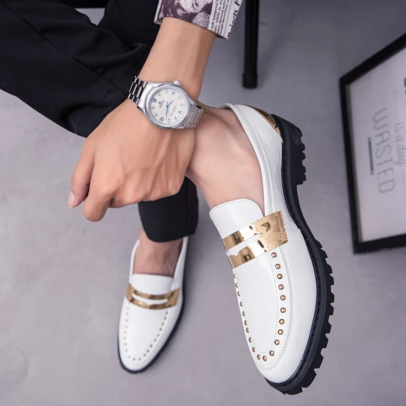 

Fashion Men dress shoes rivet Rhinestone Black Party Wedding Shoes Pointed toe flats Driving Shoes Loafers H228