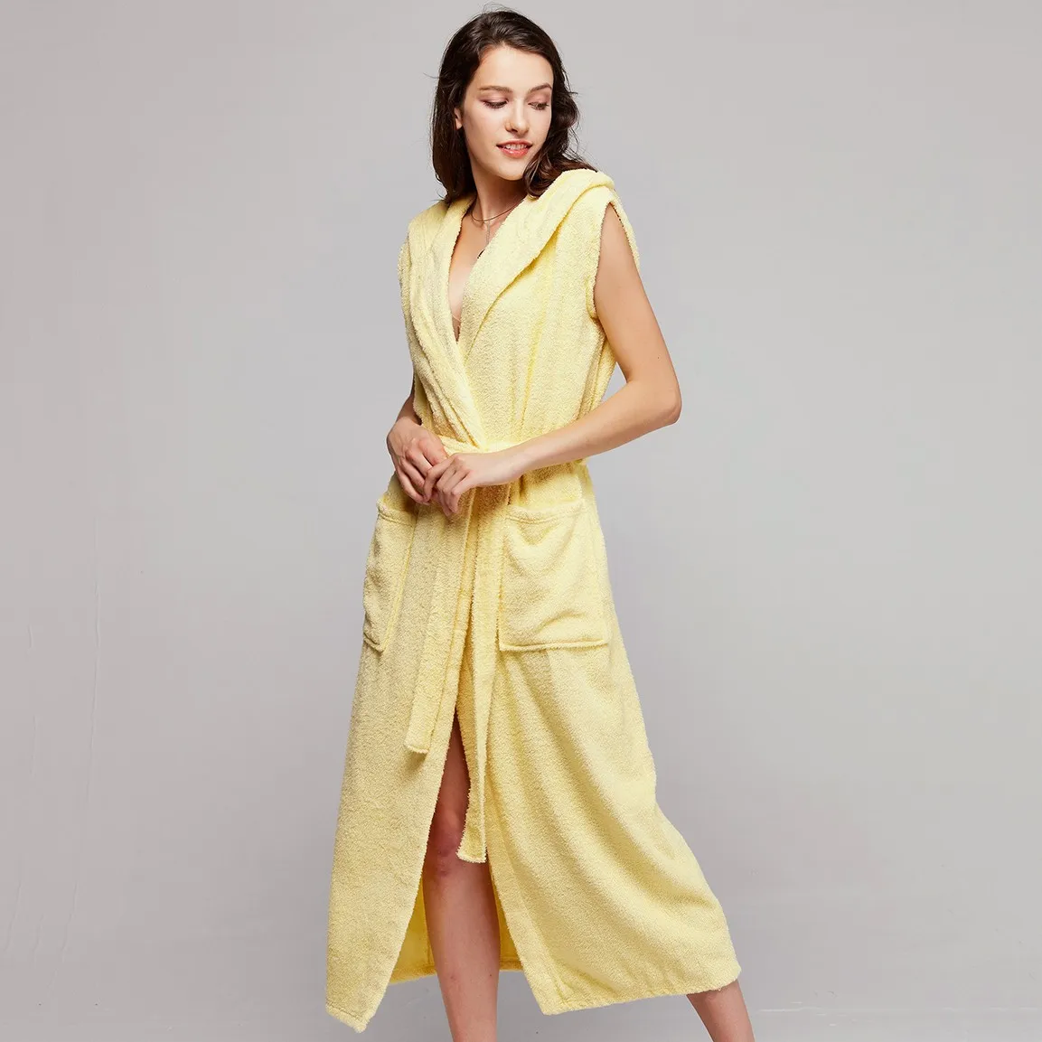 

Terry Hotel Bathrobe Nightgown Women Hooded Kimono Gown Sexy Sleeveless Intimate Lingerie Casual Long Nightdress Home Clothes