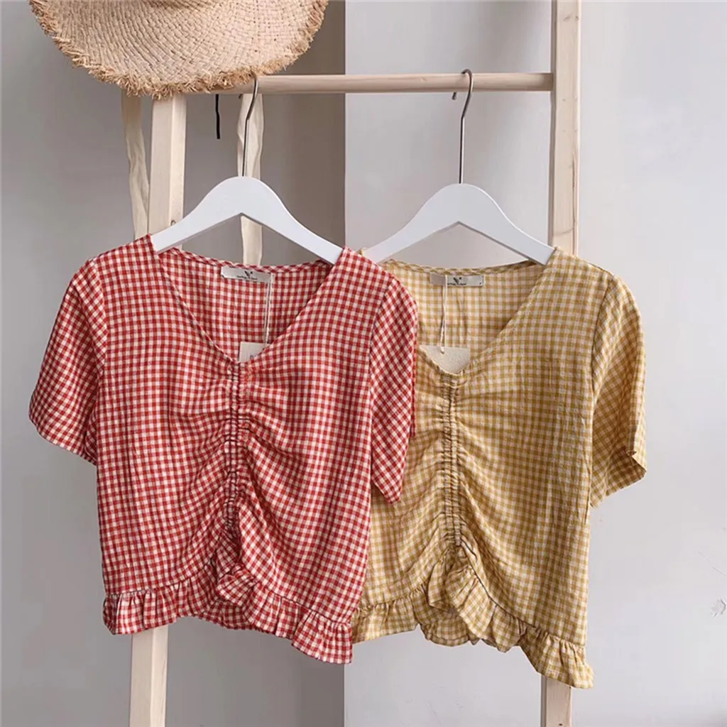 Модный сексуальный клетчатый топ на бретелях с оборками и v образным вырезом