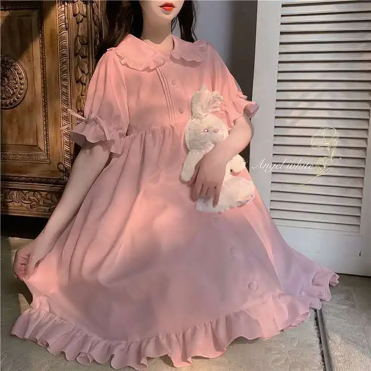 

2021 Summer Sweet Peter Pan Collar White A-line Dress Women Reffle Botton Simple Cute Fairy Dress Japanese Harajuku Vestidos