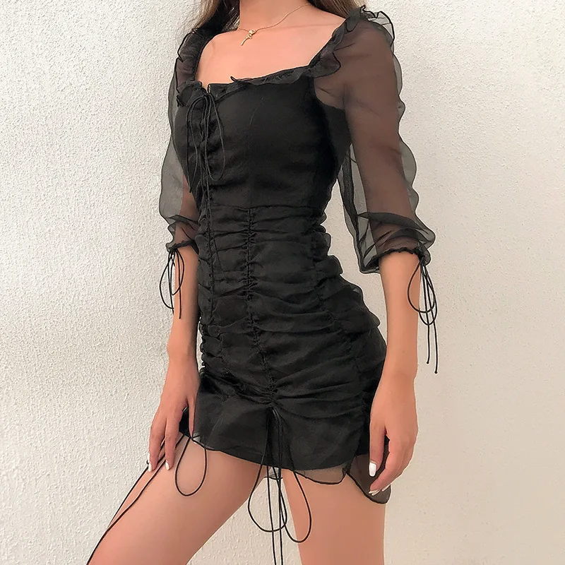 Однотонное кружевное мини-платье Draswtring женское ажурное платье-футляр с