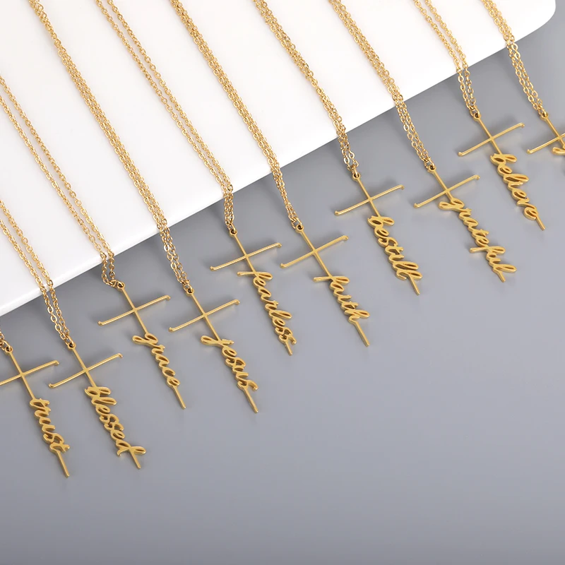

Simple Classic Cross Faith Trust Believe Pray Charm Gold Color Stainless Steel Chains Choker Pendant Necklace For Women 2022