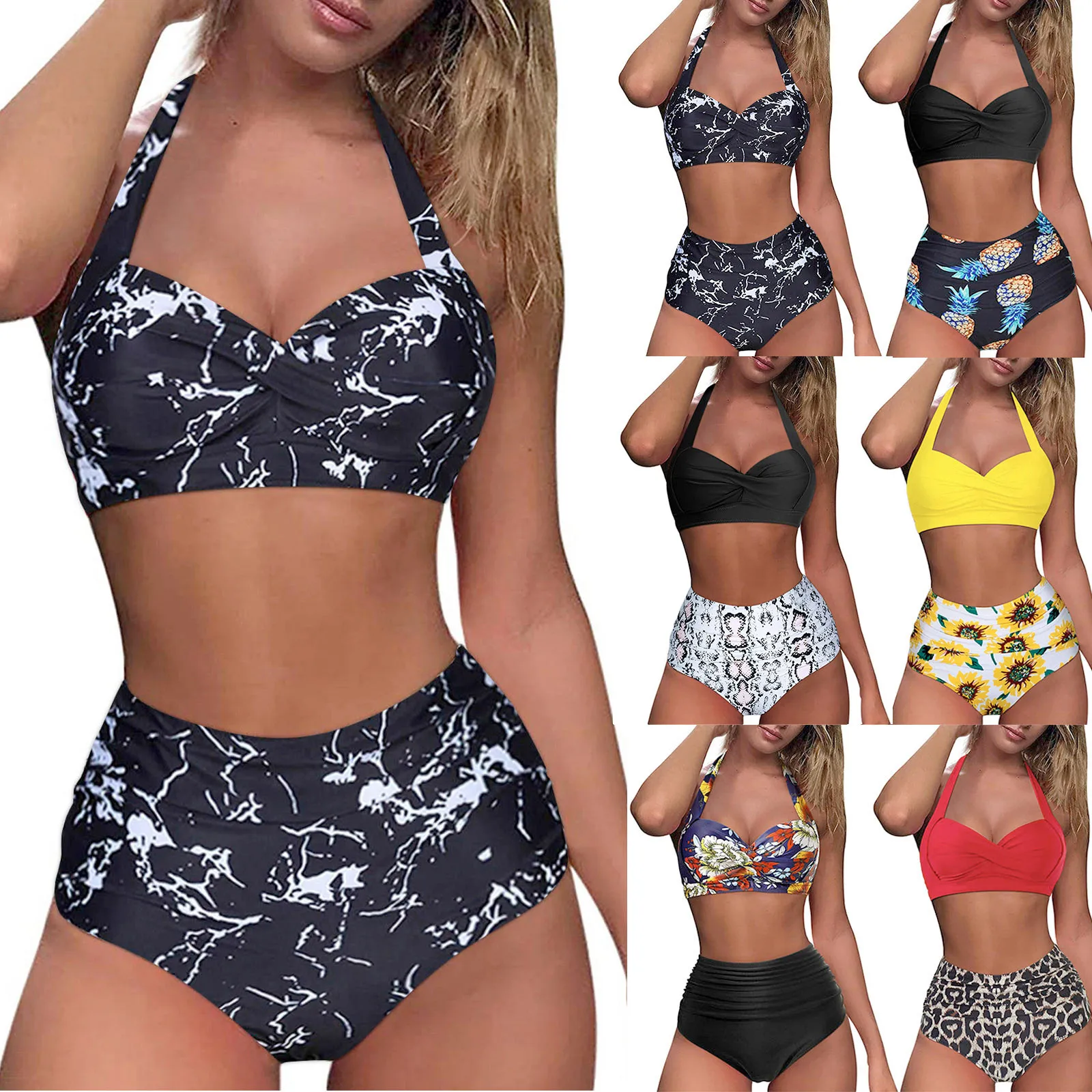 

Women Bikinis Sexy Print Two Piece Swimsuit Sexy Halter Ruched High Waist Padded Push-Up Bikini Set Brazilian Swimwear Beachwear